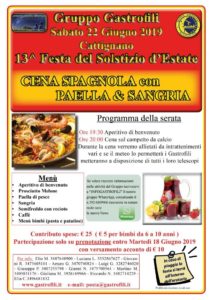 Sabato 22 giugno - Cattignano - 13^ Festa del Solstizio d'Estate con: aperitivo, antipasto, Paella e Sangria, dolce, acqua, vino e caffè.